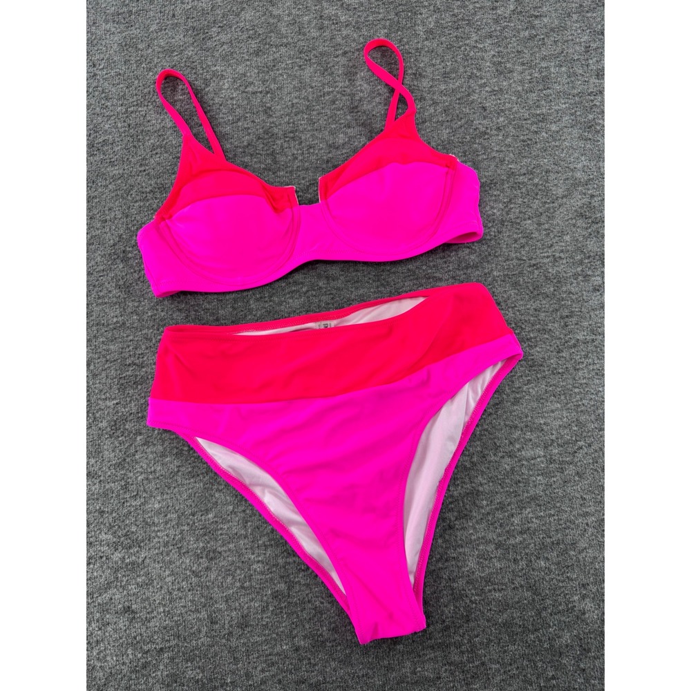 Popvil Beach Neon Pink Red Colorblock High Waist Underwire Bikini Set Size M NEW